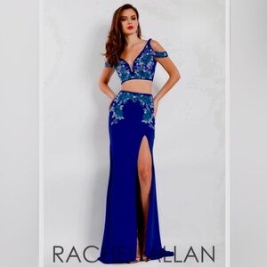 Rachel Allan Royal Blue Two-Piece Beaded Floral Prom Gown